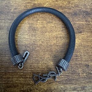 Saint Laurent Opyum Men's Embellished Textured Leather Silver Tone Bracelet NIB